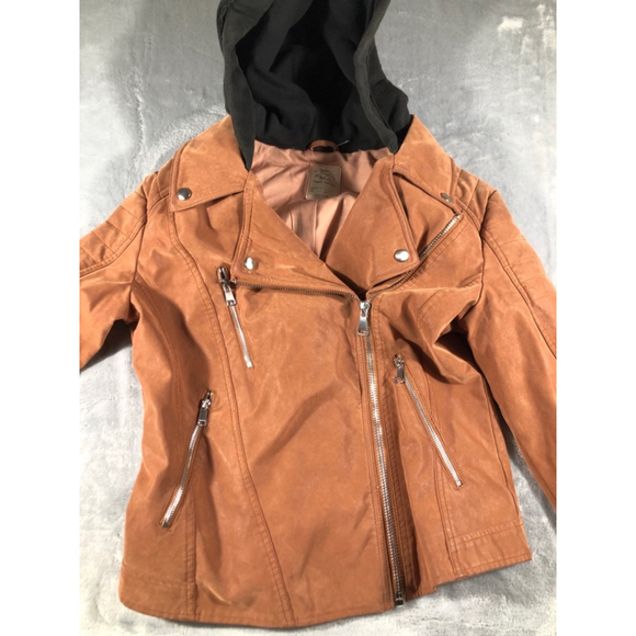 Free People Lg Harriet Hooded Vegan Leather Moto Jacket Chocolat - Picture 3 of 4